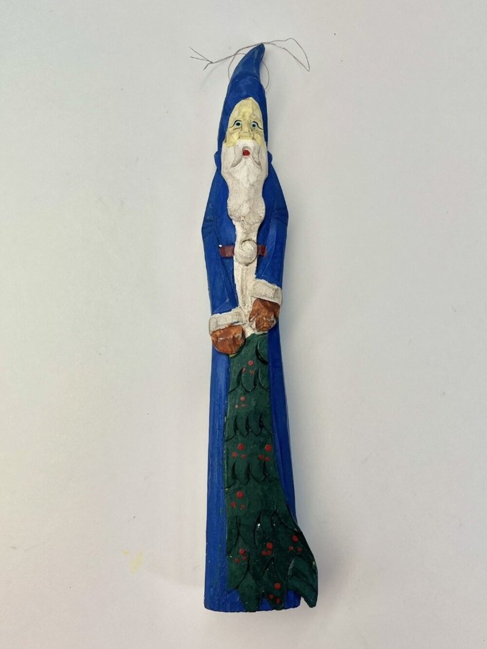 Vtg Folk Art Pencil Santa Hand Carved Hand Painted Wood Figurine Ornament 8.25”